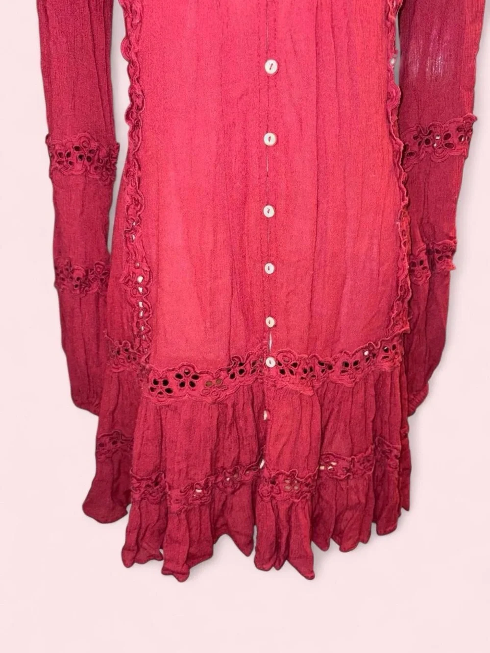Free People Burgundy Button-Front Ruffle Tiered Midi Dress